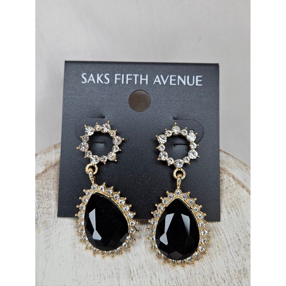 Saks Fifth Avenue Black Teardrop Drop Earrings NWT Gold Crystal Halo Statement